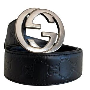 Gucci Embossed Black Belt with Silver GG Buckle